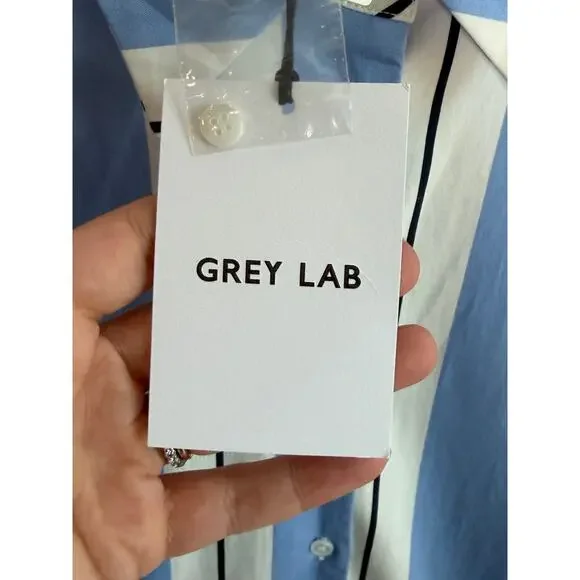 Grey Lab Stripe Power Shoulder Mini Shirtdress Powder Blue/ White Womens M NWT - Picture 8 of 11